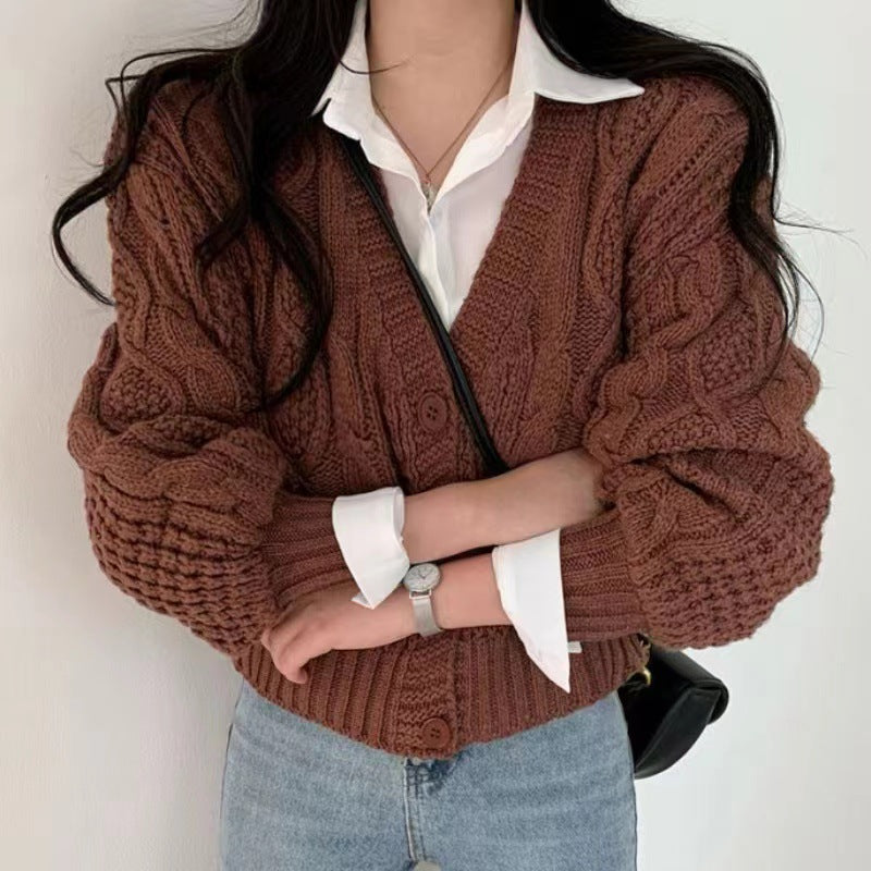 Street Wave Womens Chunky Knit Cardigan With Voluminous Sleeves And Unique Cable Pattern