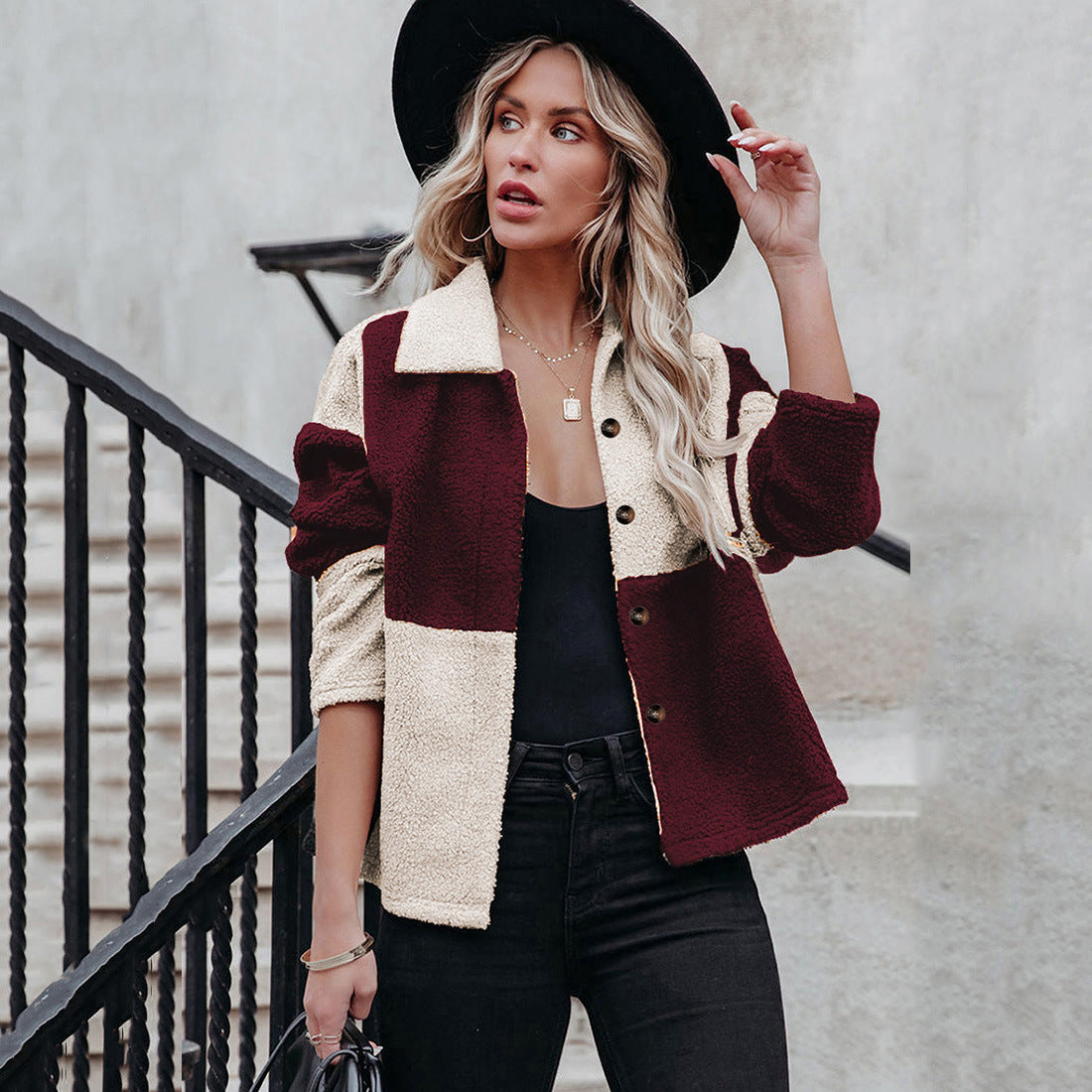 Womens Cozy Teddy Jacket With Statement Collar Street-wave Chic Warmth For Women