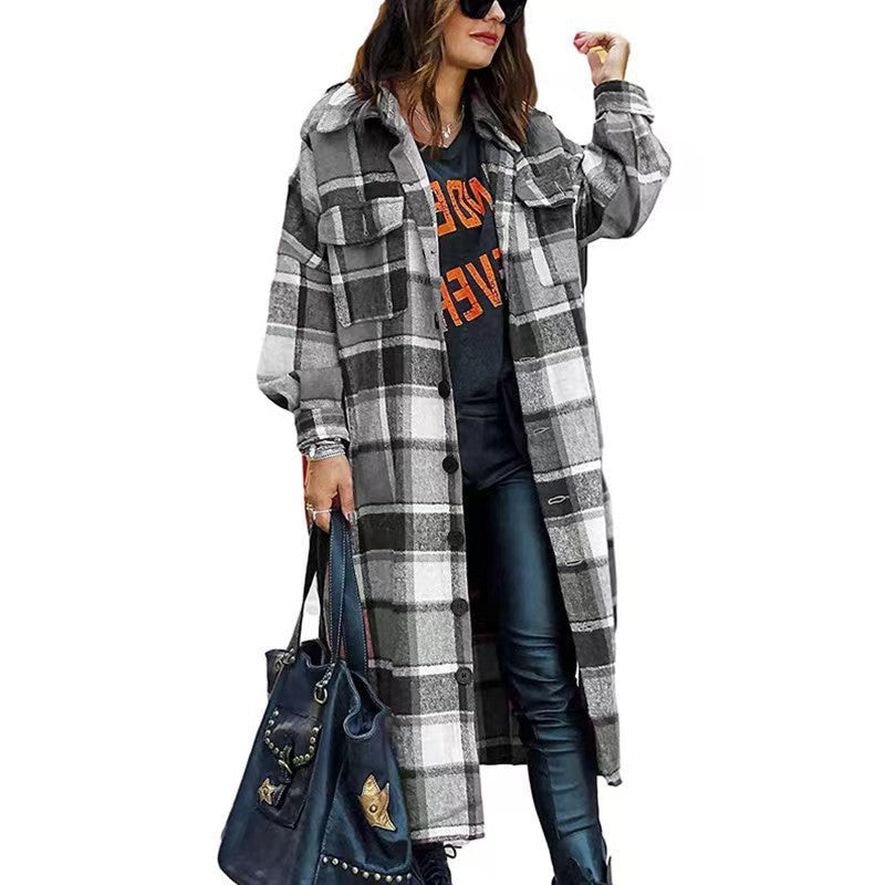 Street-wave Women's Plaid Long Coat With Practical Pockets, Cozy Transit Outerwear