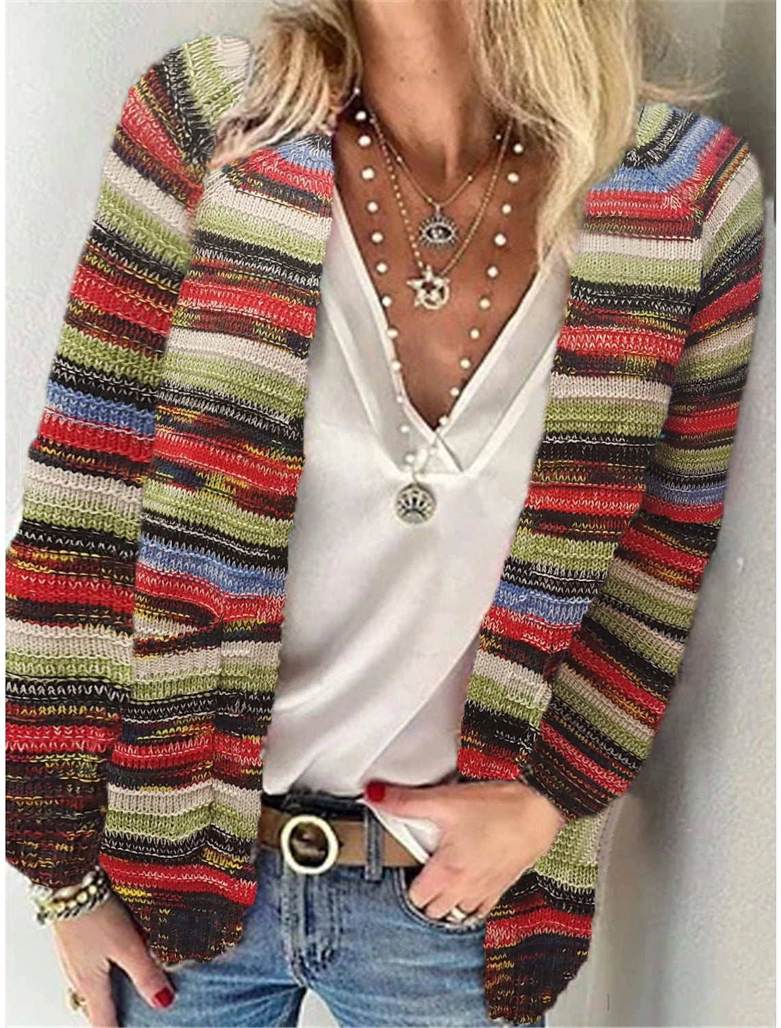 Street-wave Open Knit Cardigan For Women With Colorful Stripes Casual Fit Lightweight Versatile Spring Fall Essential
