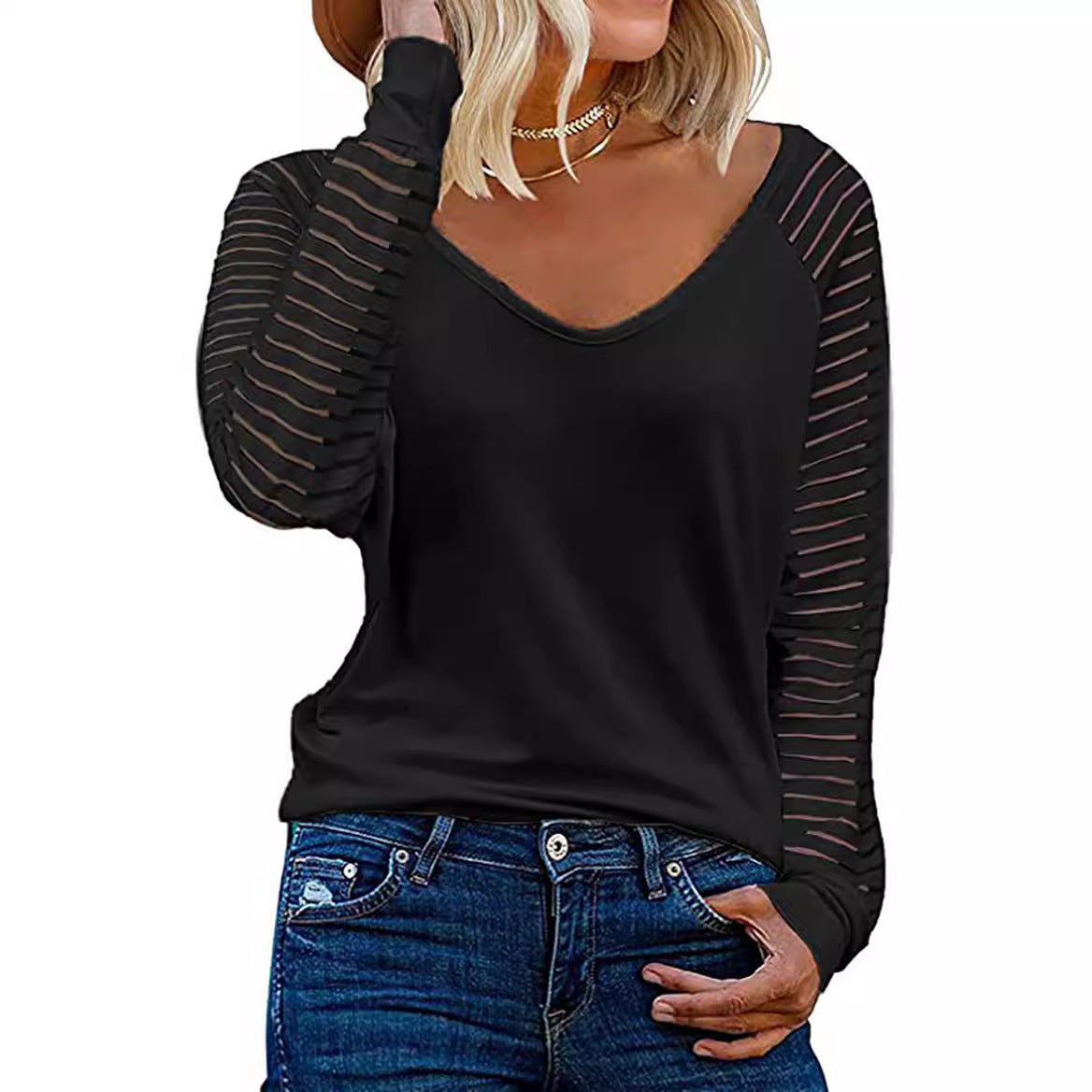 Street-wave Women V-Neck Long Sleeve Shirt With Striped Sleeves For Stylish Everyday Comfort