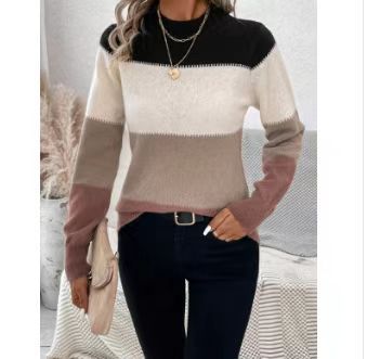 Street Wave Women Color Block Knit Sweater Crewneck Cozy Transitional Fashion Essential For Fall