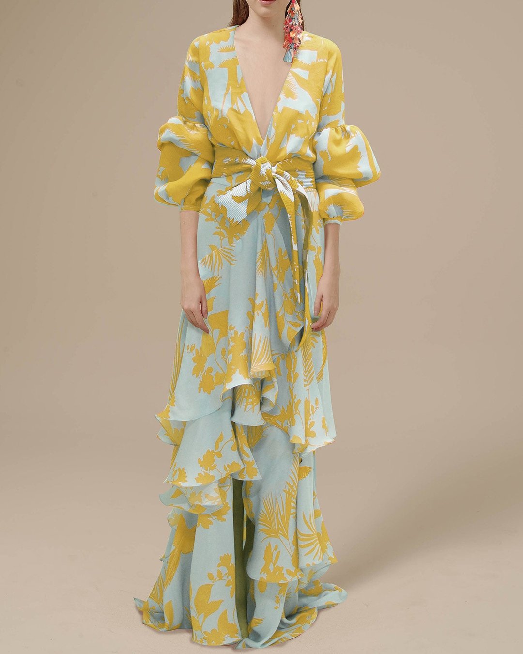 Women’s Maxi Dress – Chiffon – Printed – Ruffle Skirt – Puff Sleeves – V-Neck – Belted