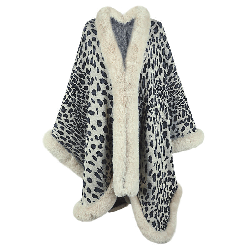 Street-Wave Leopard Print Faux Fur Trim Poncho For Women, Cozy Warmth And Luxury
