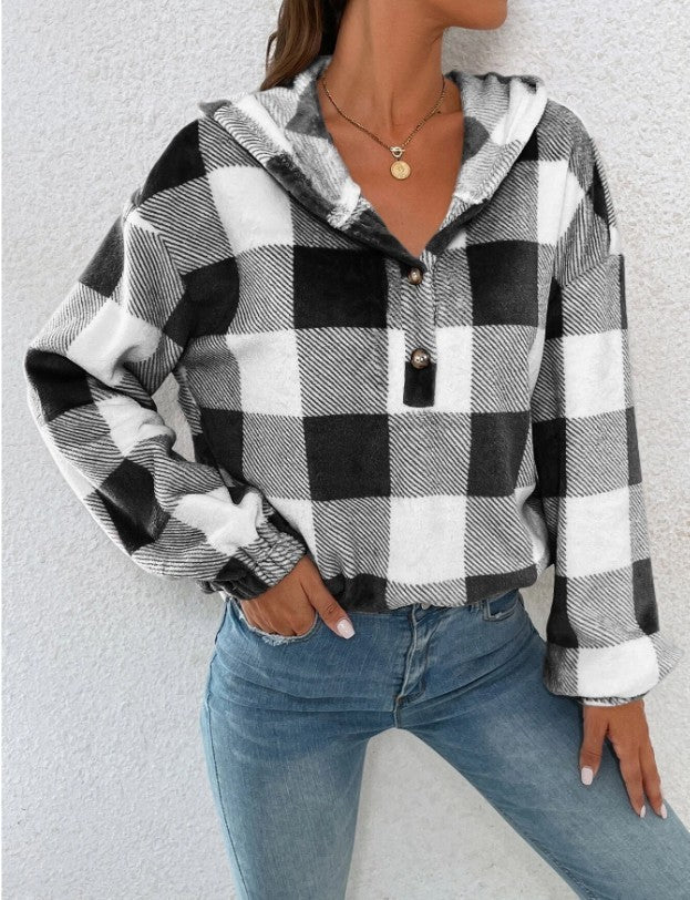Street-Wave Women's Plaid Hoodie Blouse Cozy Relaxed Fit Casual Top For Everyday Style