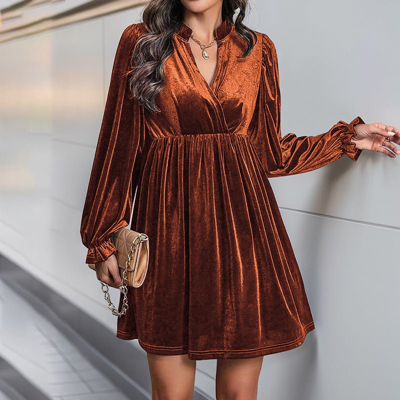 Street-wave Velvet Dress For Women Elegant Evening Wear With Deep V Neck And Puff Sleeves