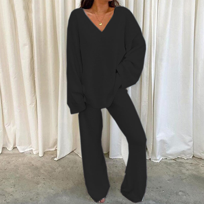 Street Wave Women Cozy V Neck Knit Jumpsuit With Wide Leg For All Day Comfort And Relaxed Style