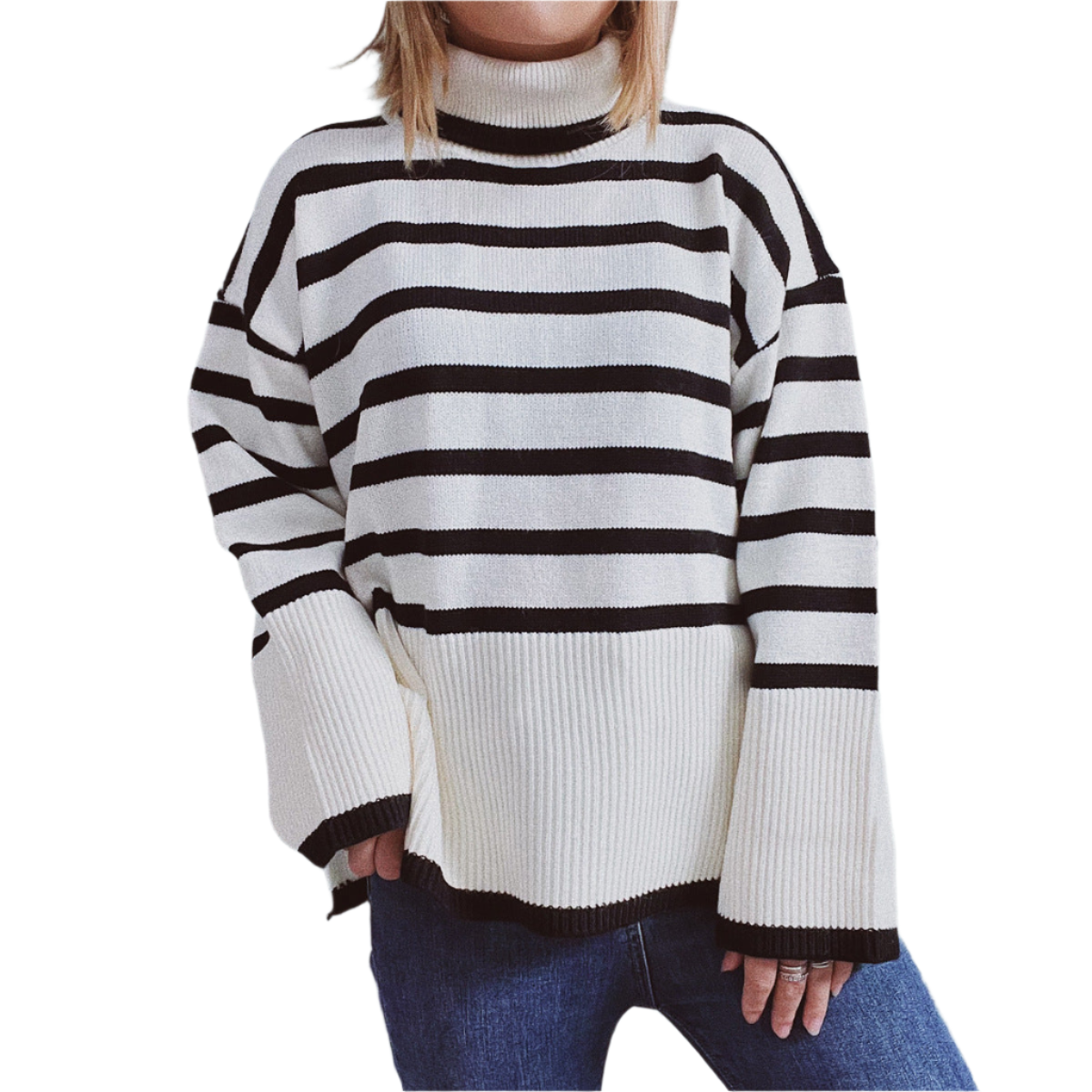 Striped Knit Pullover Streetwave Womens Sweater Cozy Warmth High Collar Relaxed Fit Casual Everyday Wear