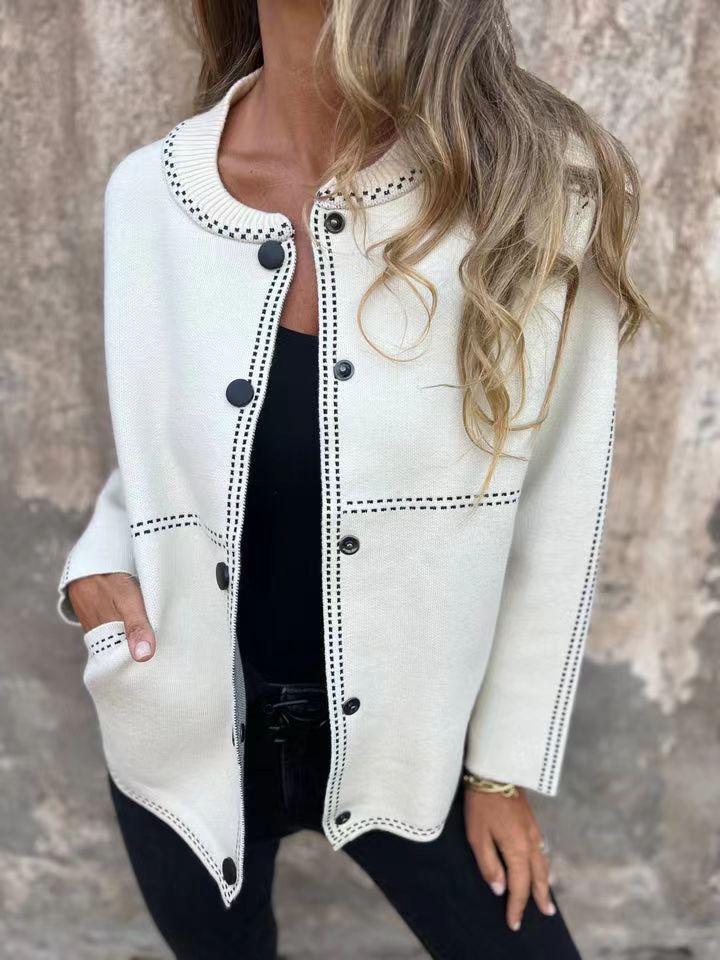 Street-wave Women's All-Season Loose Knit Cardigan With Button Front Placket And Decorative Stitching