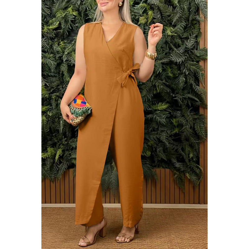 Street-Wave Women Jumpsuit V-Neck Wrap Sleeveless Wide Leg