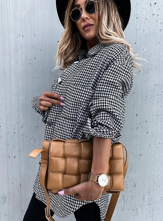 Street Wave Plaid Wool Look Coat Plus Size Oversized Mid Length Button Closure For Women