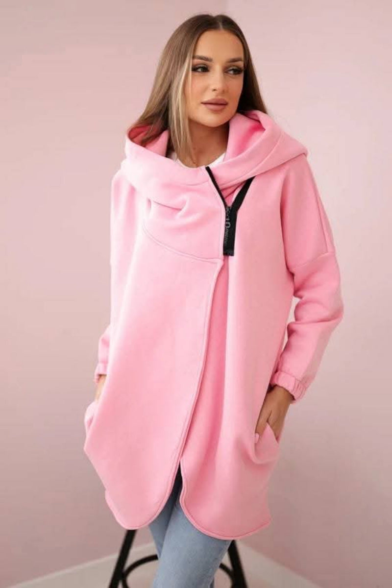 Street-wave Asymmetrical Zip Fleece Hoodie Jacket For Women, Cozy Warmth, Trendy Streetwear