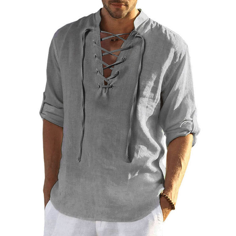 Street-Wave Men's Breathable Linen Shirt With Decorative Lace-Up Closure For Summer Versatile Style