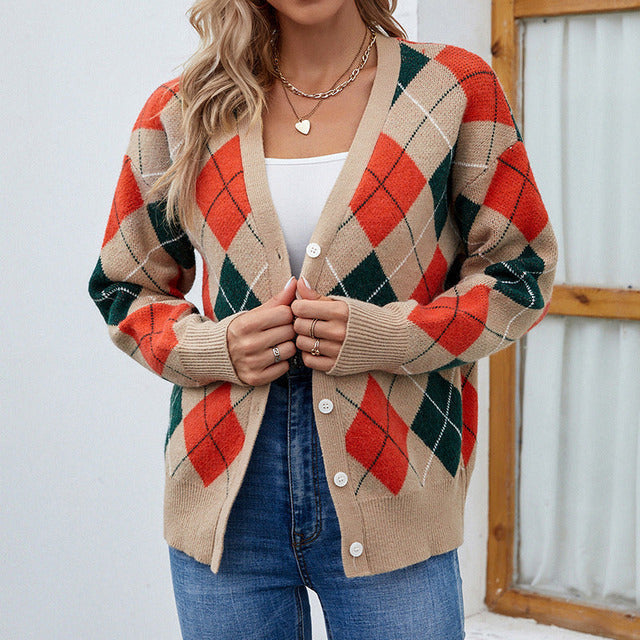 Streetwave Colorful Argyle Cardigan for Women, Polyester Knit, Timeless Comfort, Versatile Wear