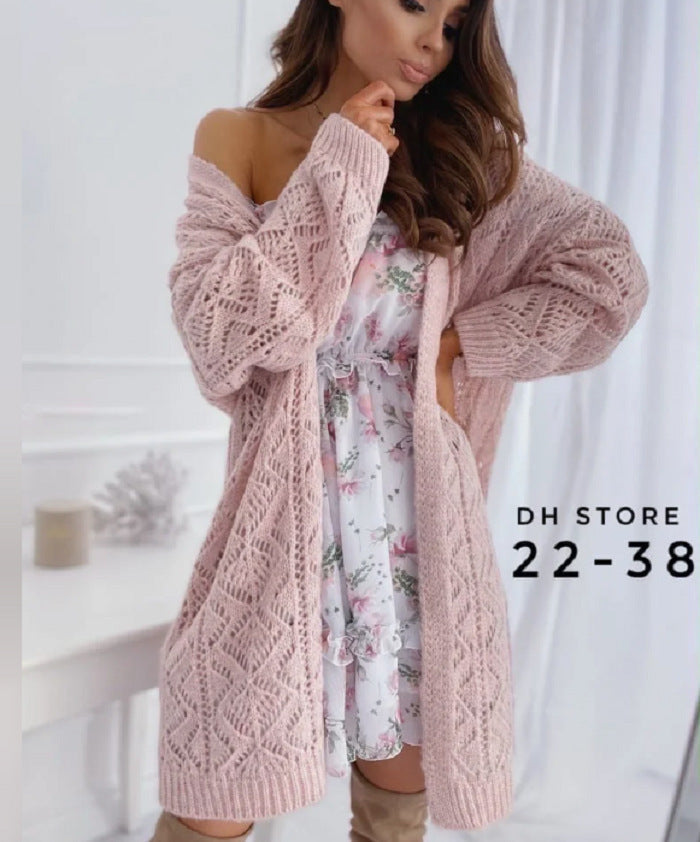 Street-wave Women's Oversized Knit Cardigan With Ajour Lace Pattern For Cozy Luxury And Everyday Wear
