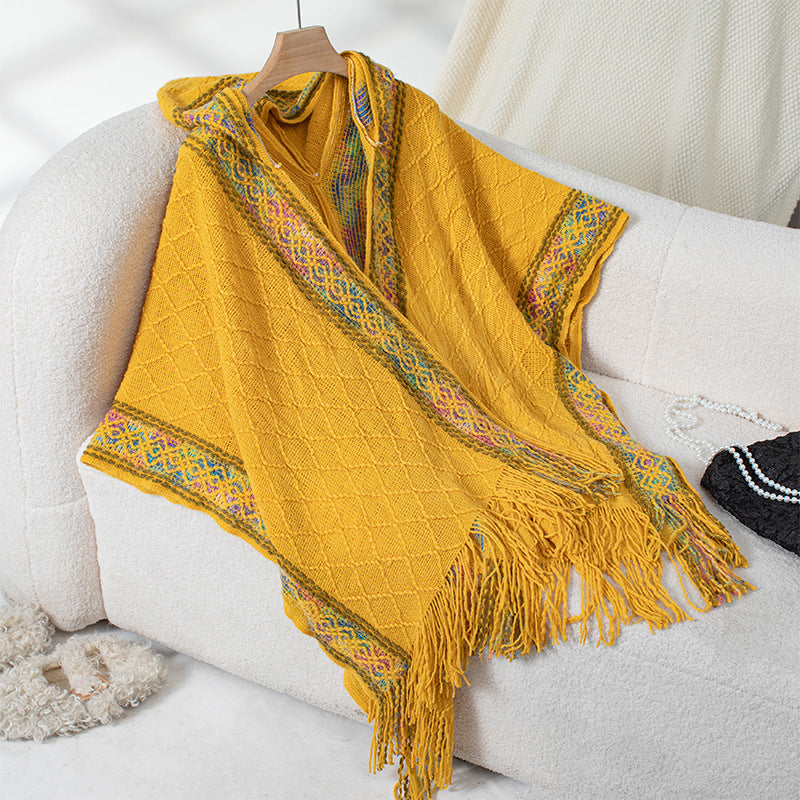 Womens Poncho Street-Wave Elegant Luxurious Knit With Fringe Detailing For Stylish Women