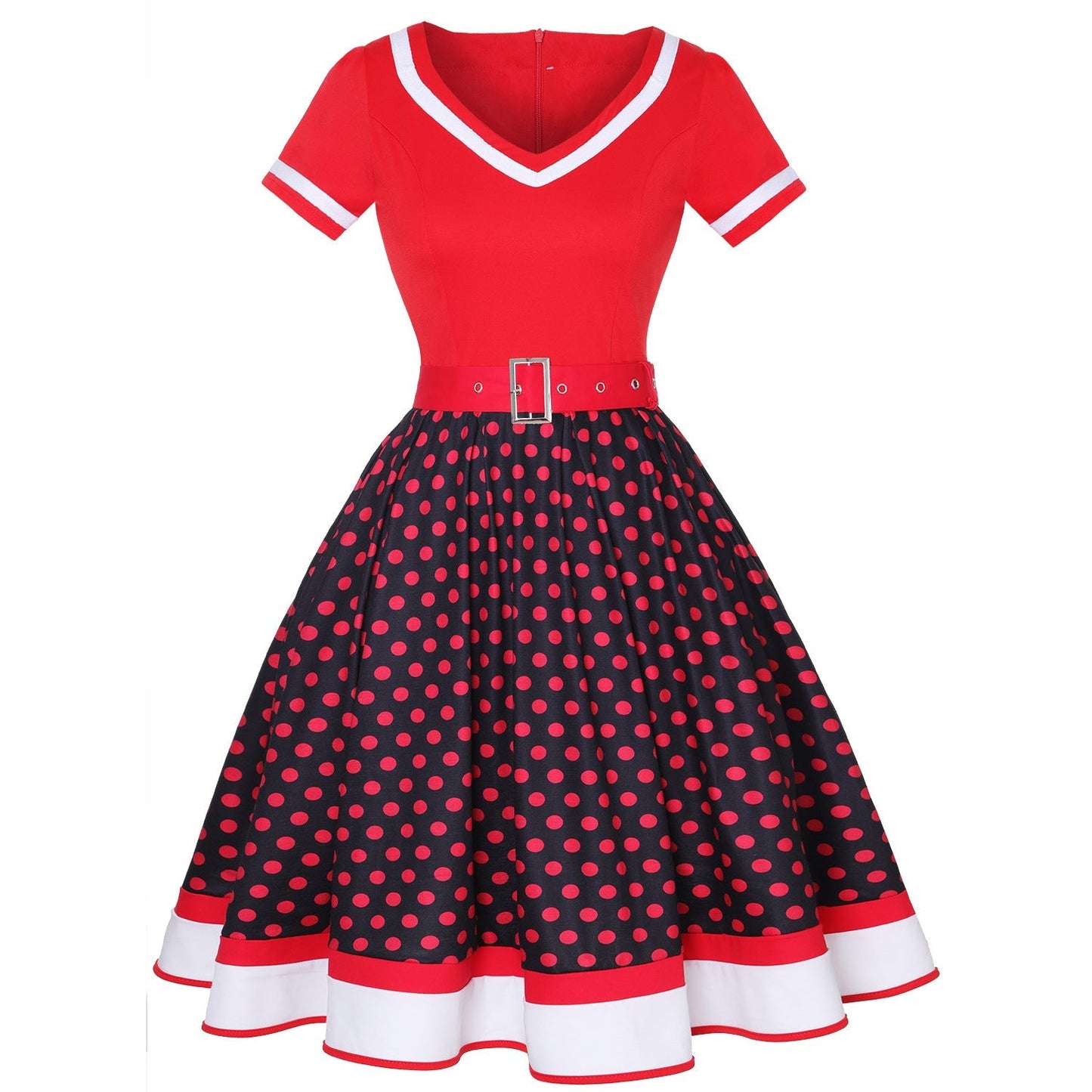Street-wave Vintage Hepburn Polka Dot Dress For Women Belted Waist Retro Chic A-Line Midi