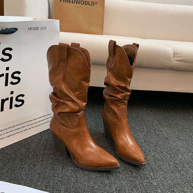 Street Wave Women Western Boots With Elegant Ruched Detailing And Block Heel For All Day Comfort