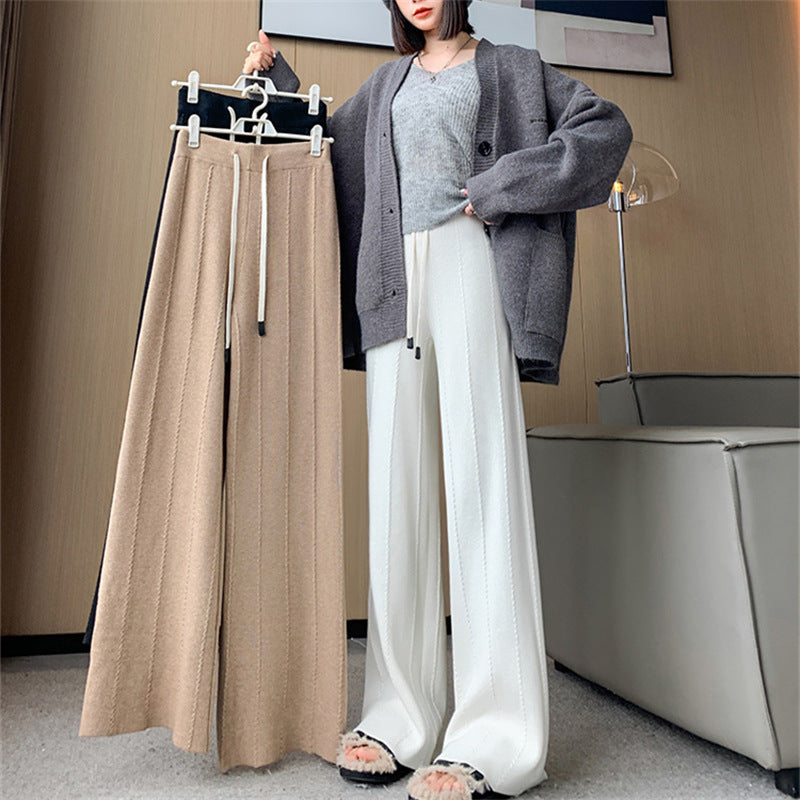 Street-Wave Womens High-Waisted Knit Pants With Drawstring For Comfortable Versatile Everyday Wear