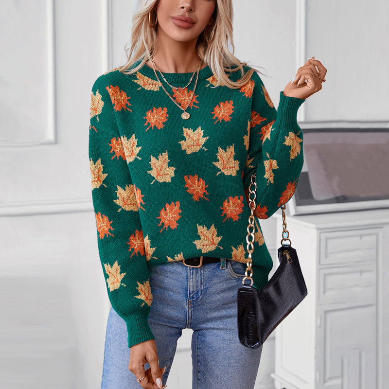 Street-Wave Maple Leaf Sweater For Women Cozy Cotton-Acrylic Knit Warm Winter Days