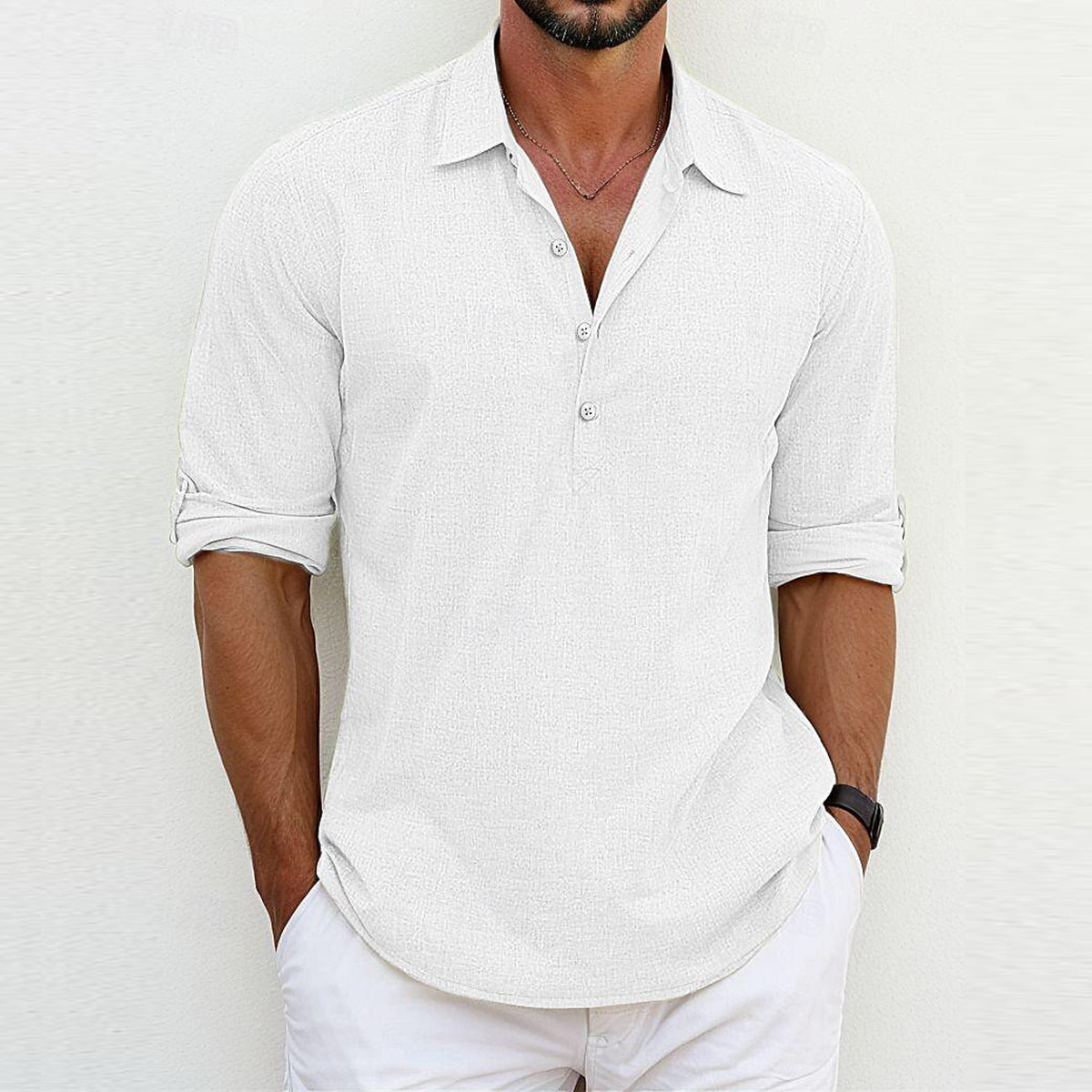 Street-Wave Mens Casual Long Sleeve Shirt With Button Placket Modern Fit Breathable Cotton Blend