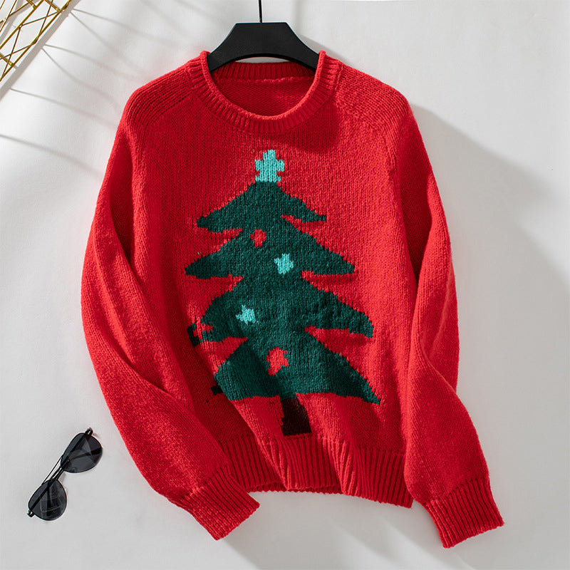 Street Wave Christmas Sweater For Women With Tree Knit Pattern Cozy Cotton Acrylic Blend Pullover