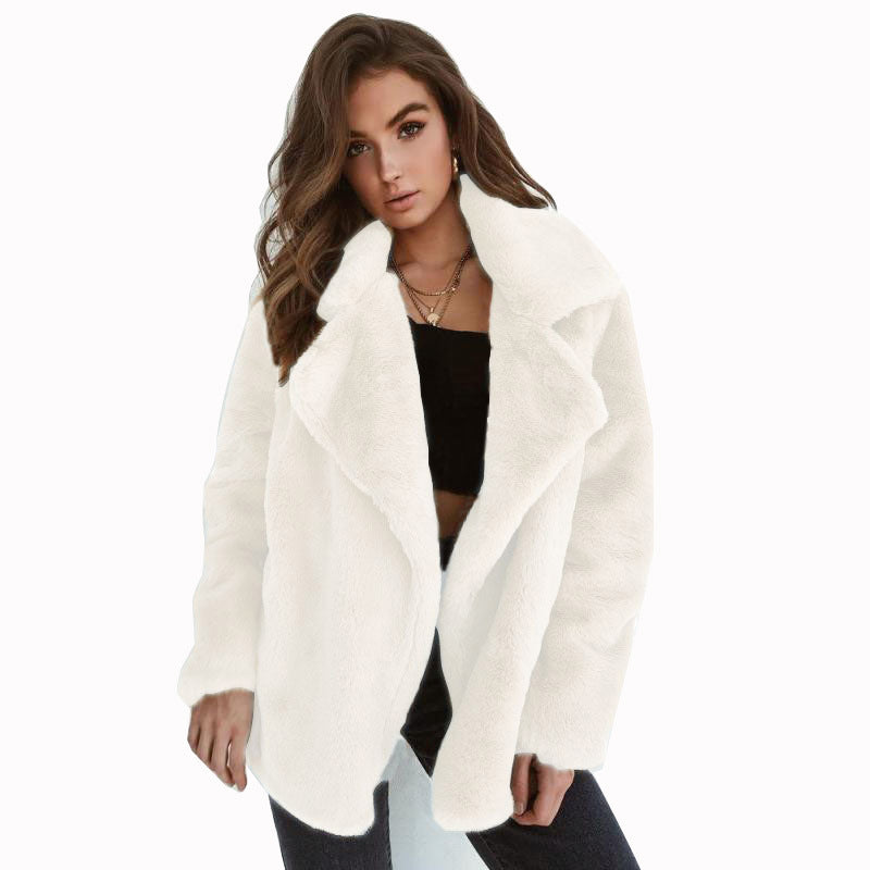 Street-wave Women Cozy Faux Fur Jacket With Elegant Lapel For Plush Warmth And Style