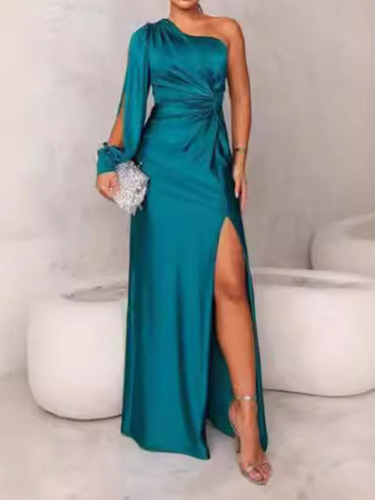 Street-wave Glamorous Navy Satin Evening Dress With Asymmetrical Neckline, Ruched Pleats, High Slit For Women