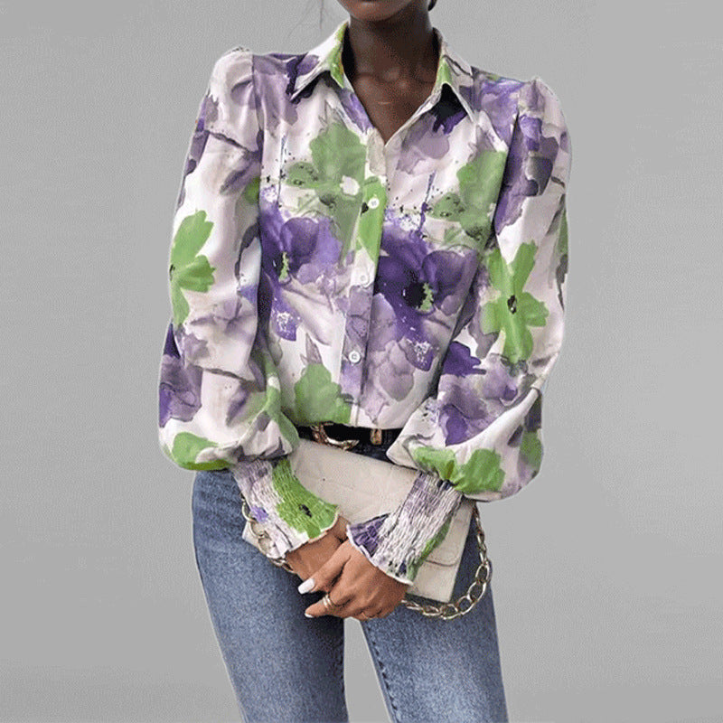 Street-Wave Women's Oversized Floral Shirt with Puff Sleeves