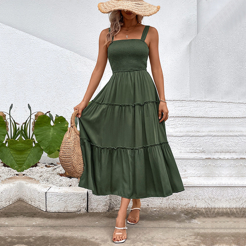 Street-Wave Midi Dress Sleeveless Smocked Bodice Cotton-Blend For Women