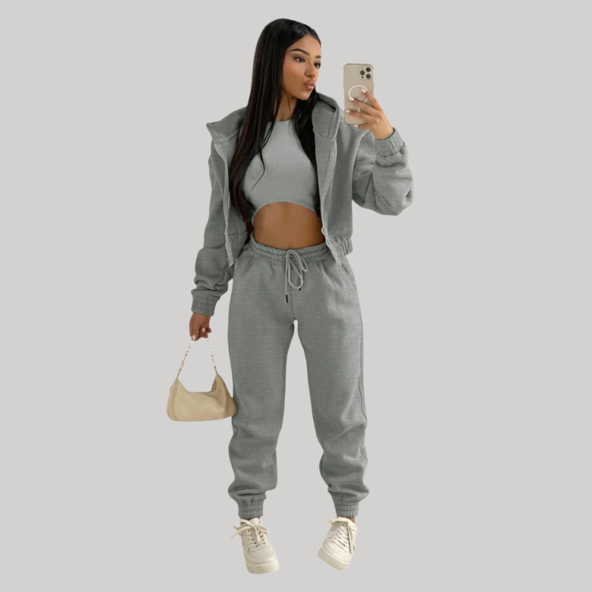 Street-wave Women Three-Piece Tracksuit Set With Cropped Ribbed Top Zip Hoodie And High-Waisted Joggers