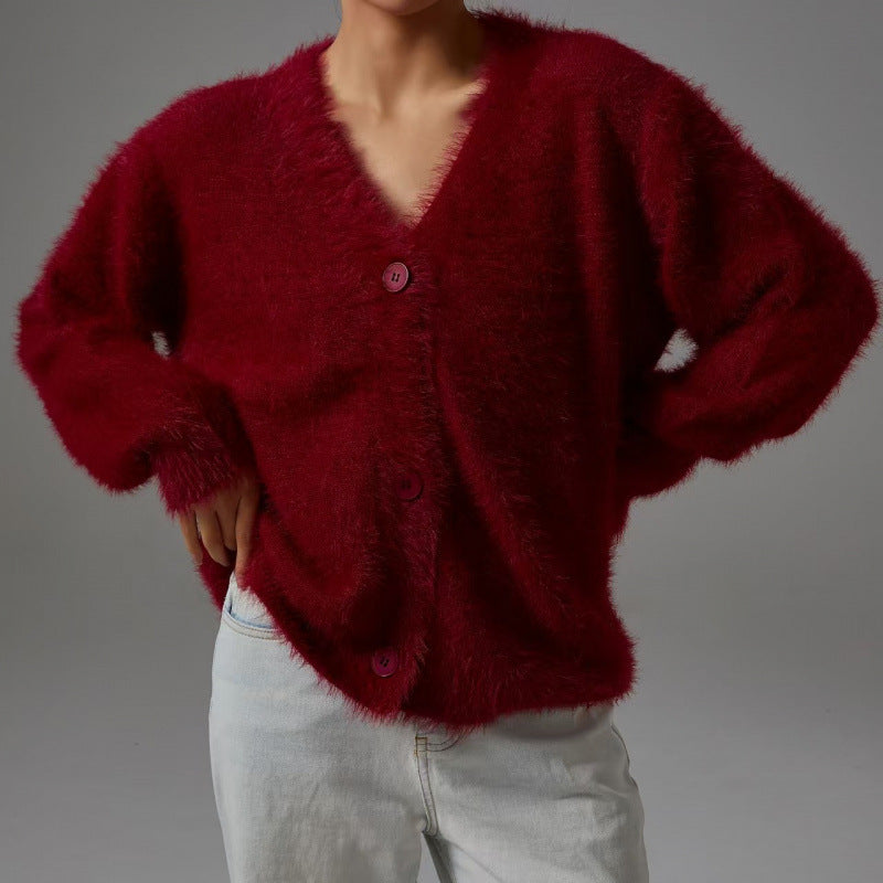 Fluffy Cardigan for Women by Street-Wave Cozy Soft Wool V Neck Oversized Knit Warm Everyday