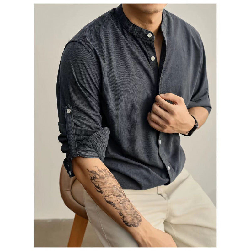 Street-Wave Men's Mandarin Collar Shirt In Fine Striped Fabric Modern Fit Comfortable Everyday Wear