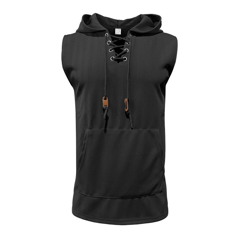 Street-Wave Mens Sleeveless Hooded Tank Top With Lace-Up Front For Active Athletes