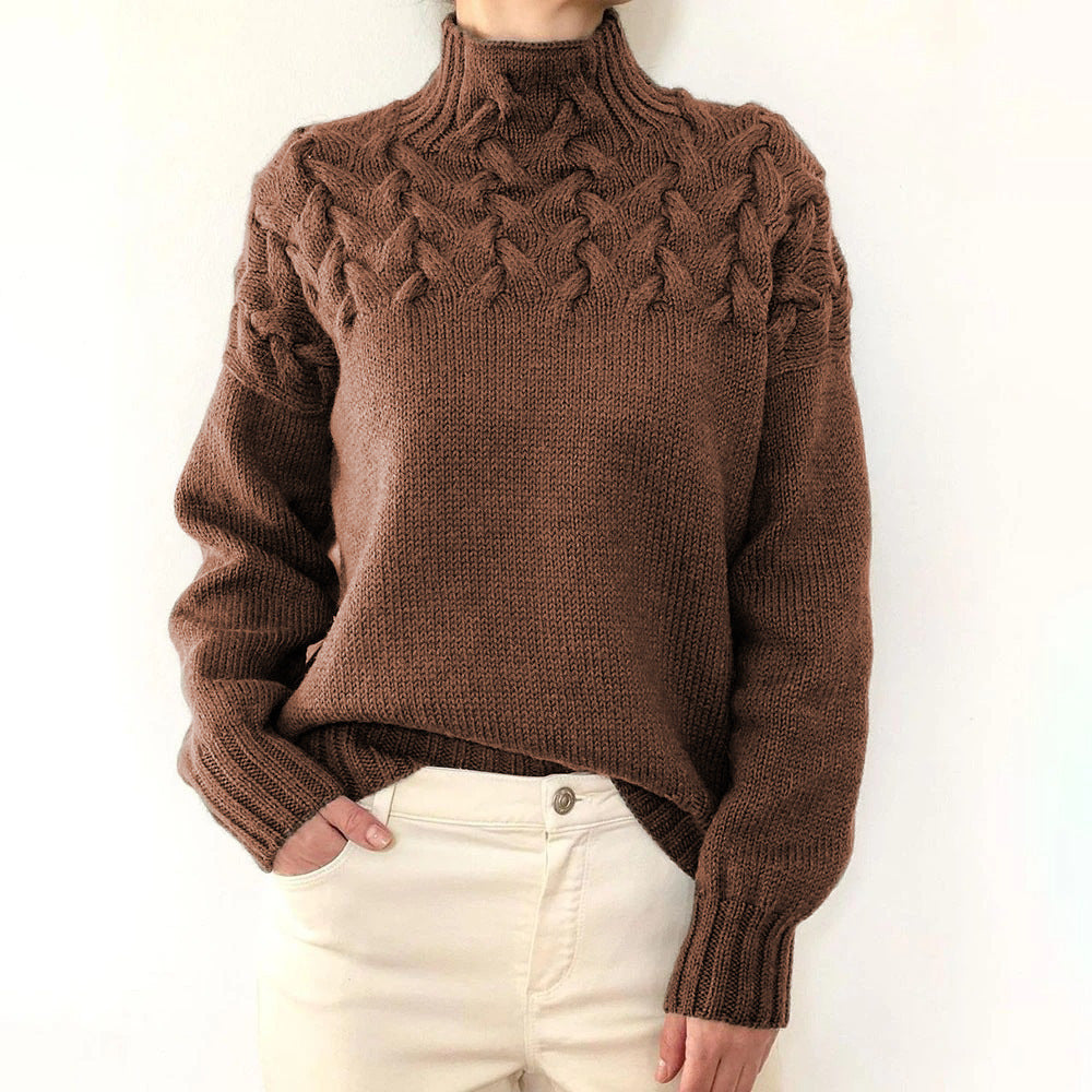 Street-wave Women's Cable Knit Sweater With High Neck, Cozy Warmth And Trendy Design