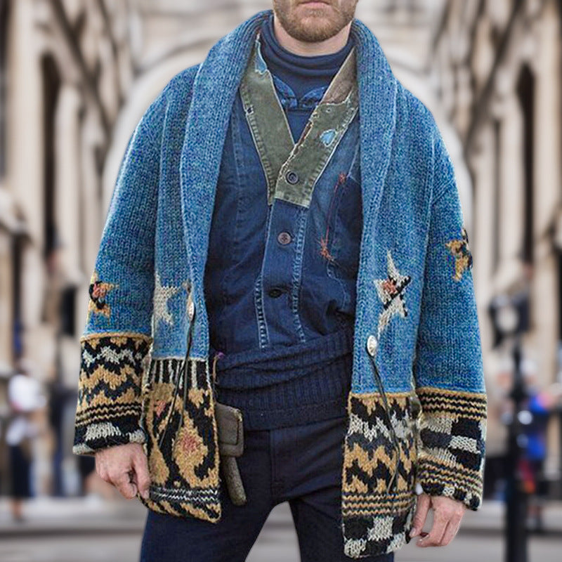 Mens Knit Cardigan With Unique Star Patterns And Large Hood Streetwave Cozy Warm