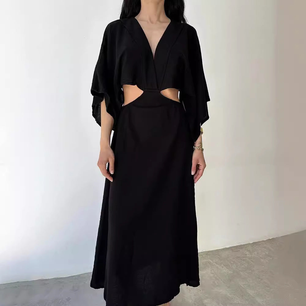 Street-Wave Women's Maxi Dress Cotton Linen Blend Slim Fit V-Neck Slit