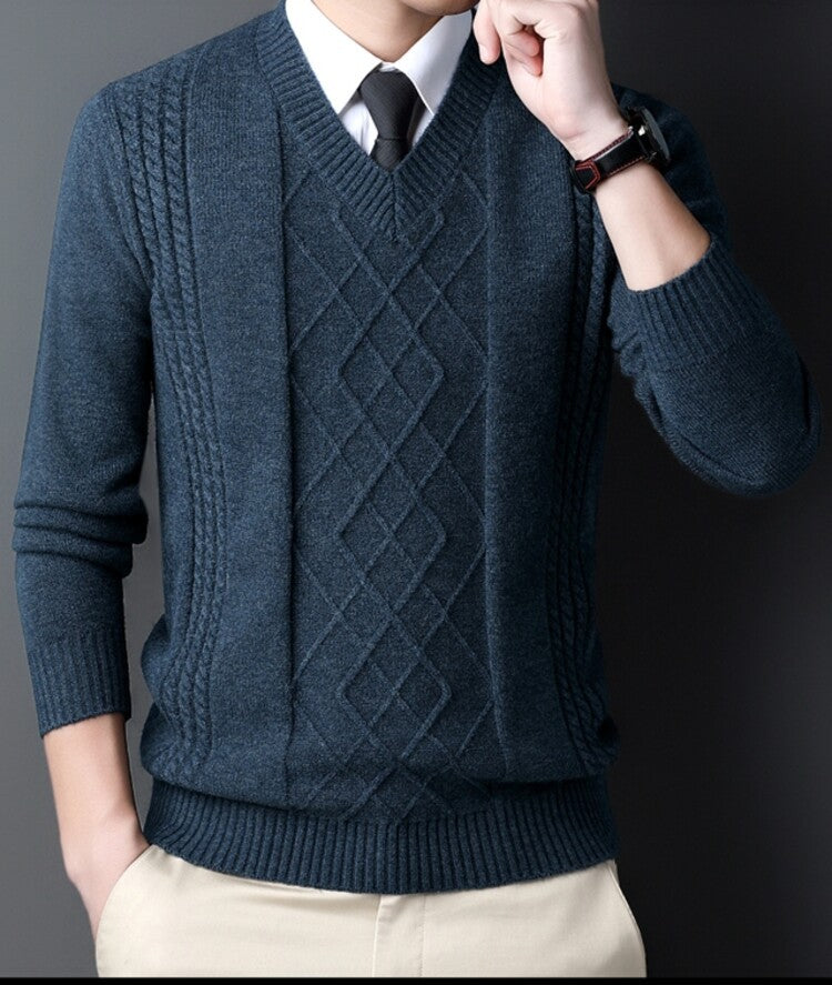Streetwave Mens V Neck Cable Knit Sweater Premium Wool For Modern Professionals Everyday Wear