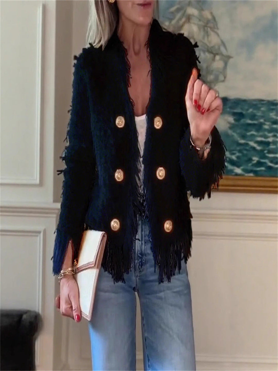 Street Wave Fringe Jacket For Women Chic Lightweight Fringed Style With Gold Button Details