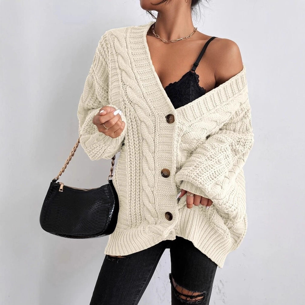 Street-Wave Women's Chunky Knit Cardigan With Cable Pattern, Cozy Warmth For Cool Days