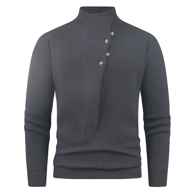 Street-Wave Men's Knit Pullover With Modern Stand Collar And Premium Decorative Button Detailing