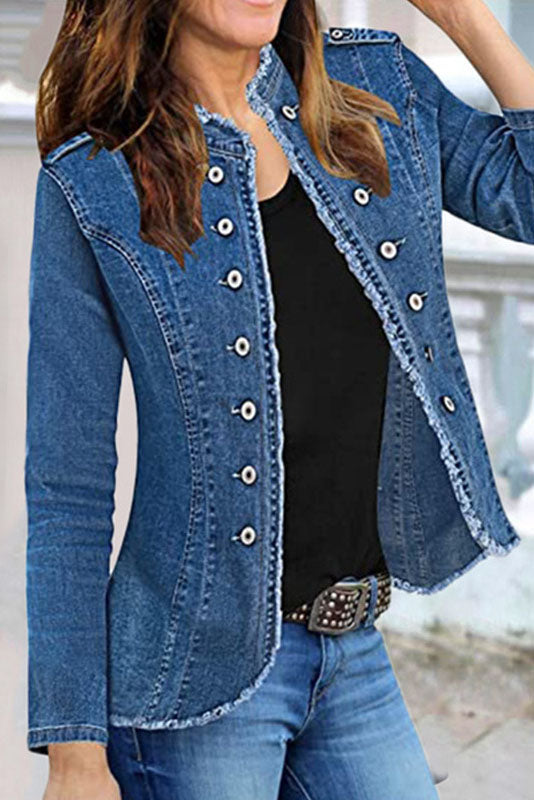 Street Wave Fitted Stretch Denim Jacket for Women with Stand Collar Slim Chic City Ready