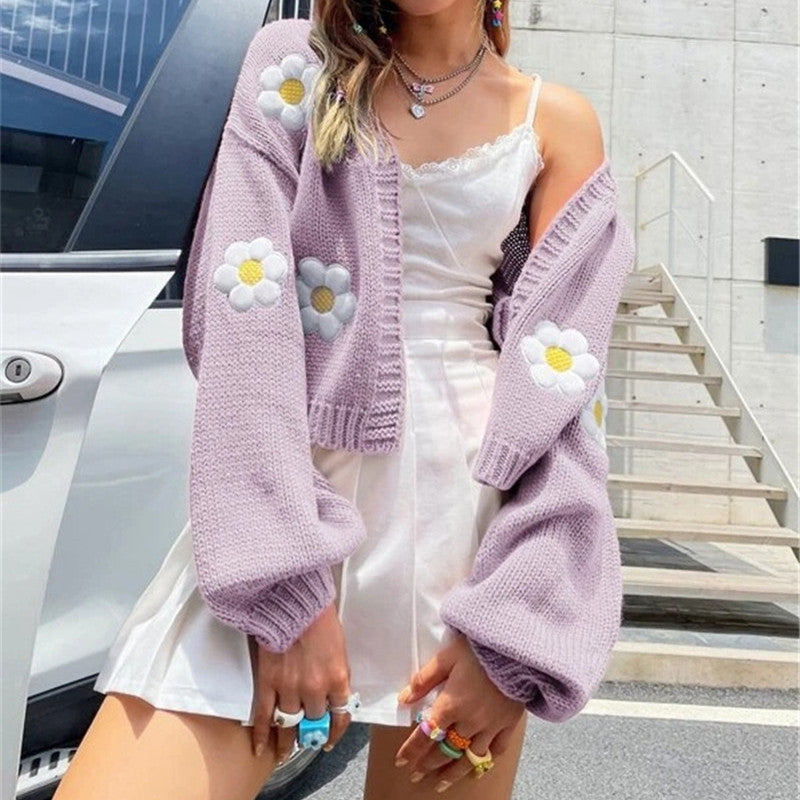 Street Wave Floral Knit Cardigan For Women With Loose Fit And Embroidered Flower Appliques For Everyday Chic