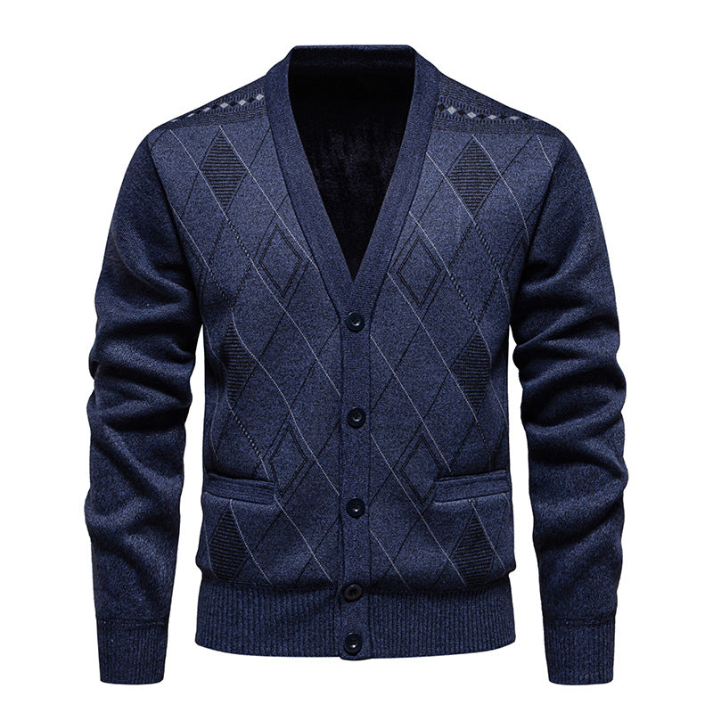 Street-wave Mens Cardigan With V Neck And Structured Diamond Knit For Everyday Style And Premium Comfort