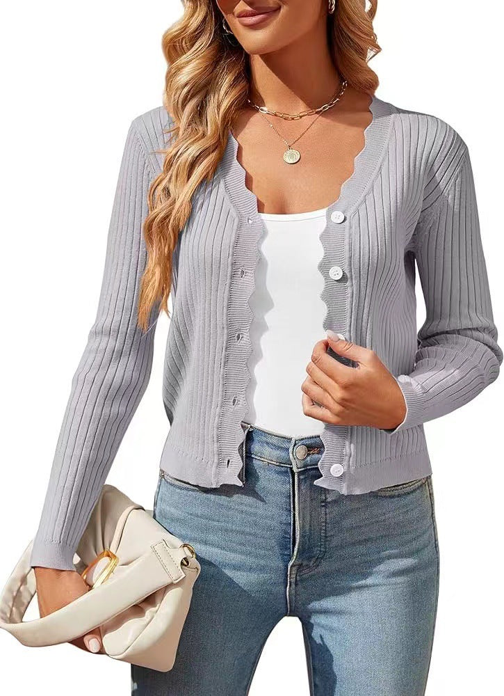 Street Wave Women Elegant Cardigan With Wavy Edge Knit Lightweight Chic Comfort Everyday