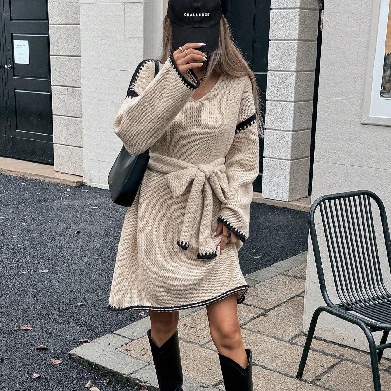 Street-Wave Knit Dress With Belt And V-Neck For Women Flattering Silhouette Cozy Elegant