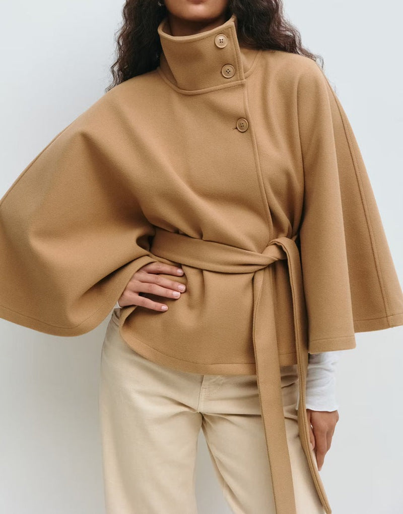 Street-wave Womens Wool Coat With High Collar Belted Cape For Modern Cozy Winter