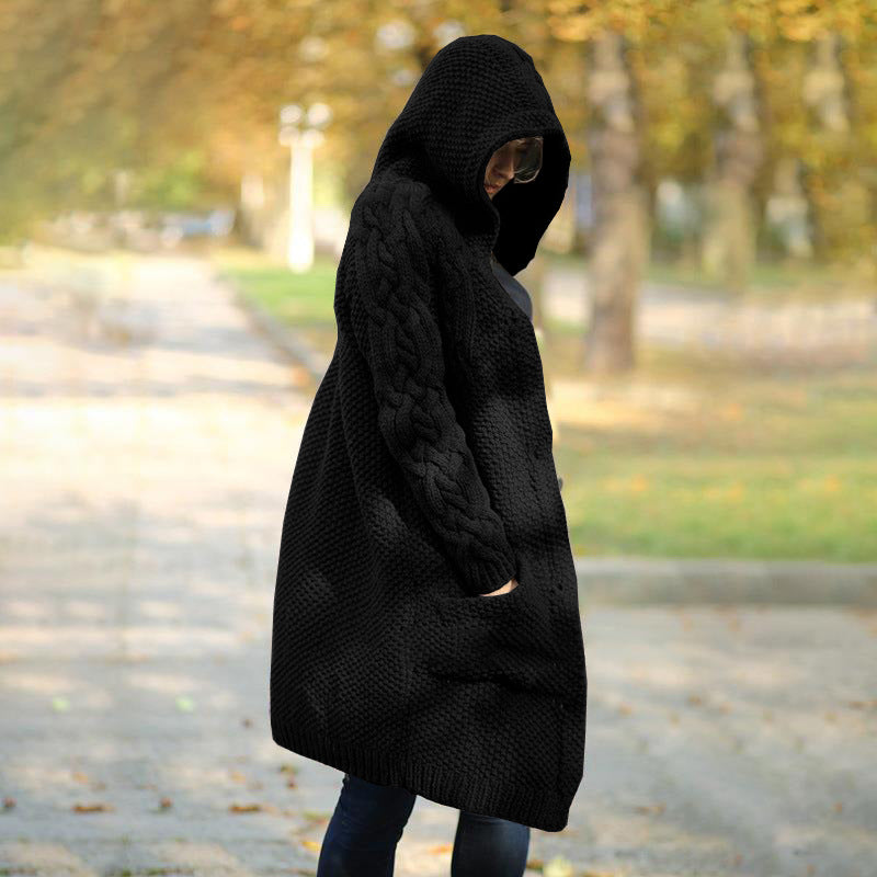 Street-wave Women Knit Cardigan Coat With Hood Cozy Cable Knit Button Front Pockets Chic Everyday