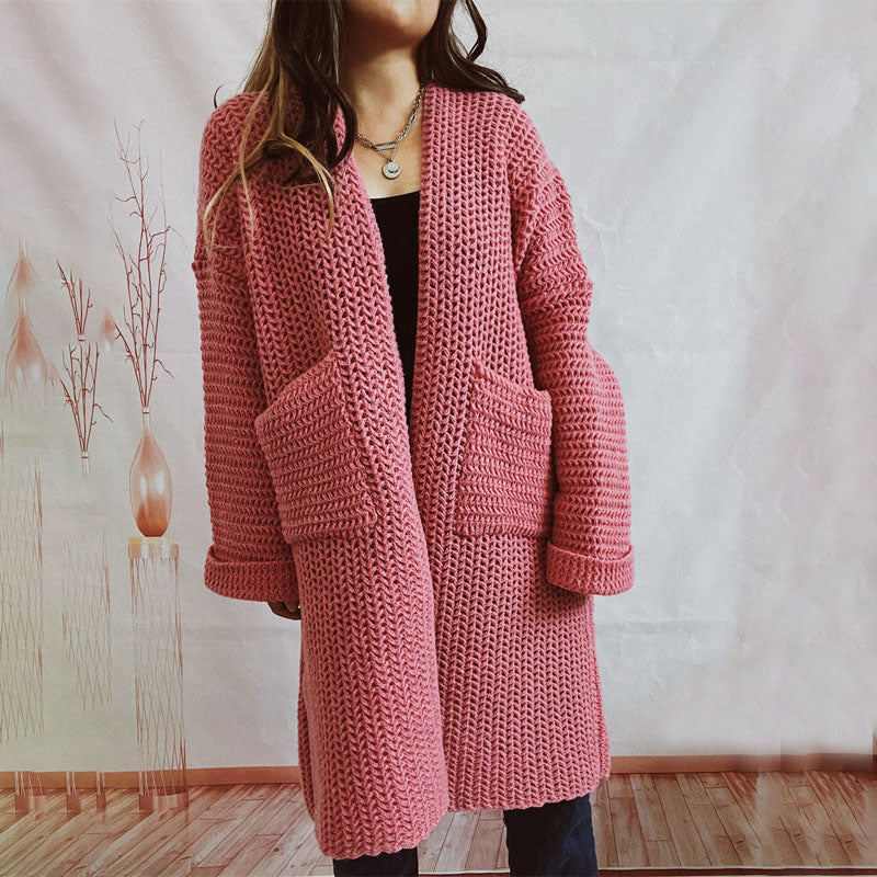 Street-Wave Chunky Knit Cardigan With Pockets For Women Soft Cozy Silhouette Open Front