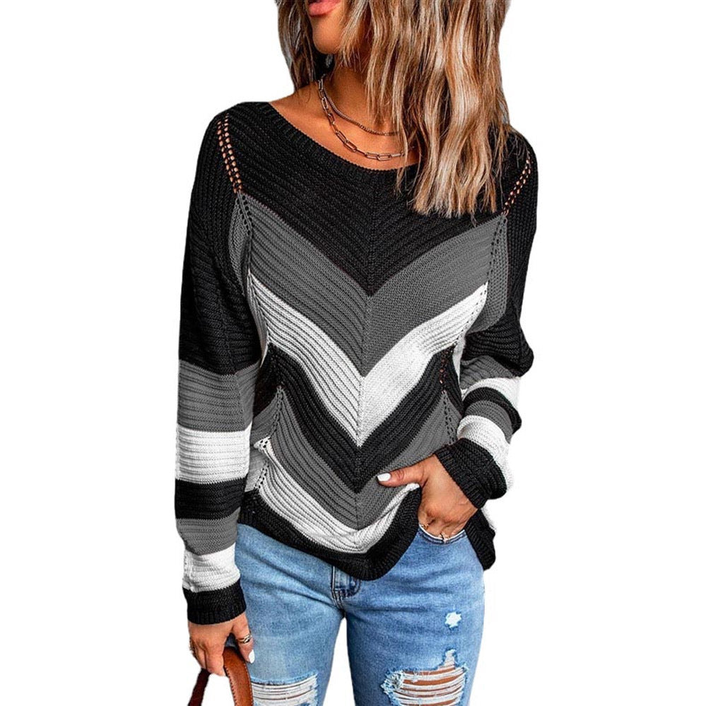 Streetwave Women Chevron Knit Sweater With Airy Relaxed Fit For Casual Everyday Wear In Autumn Colors